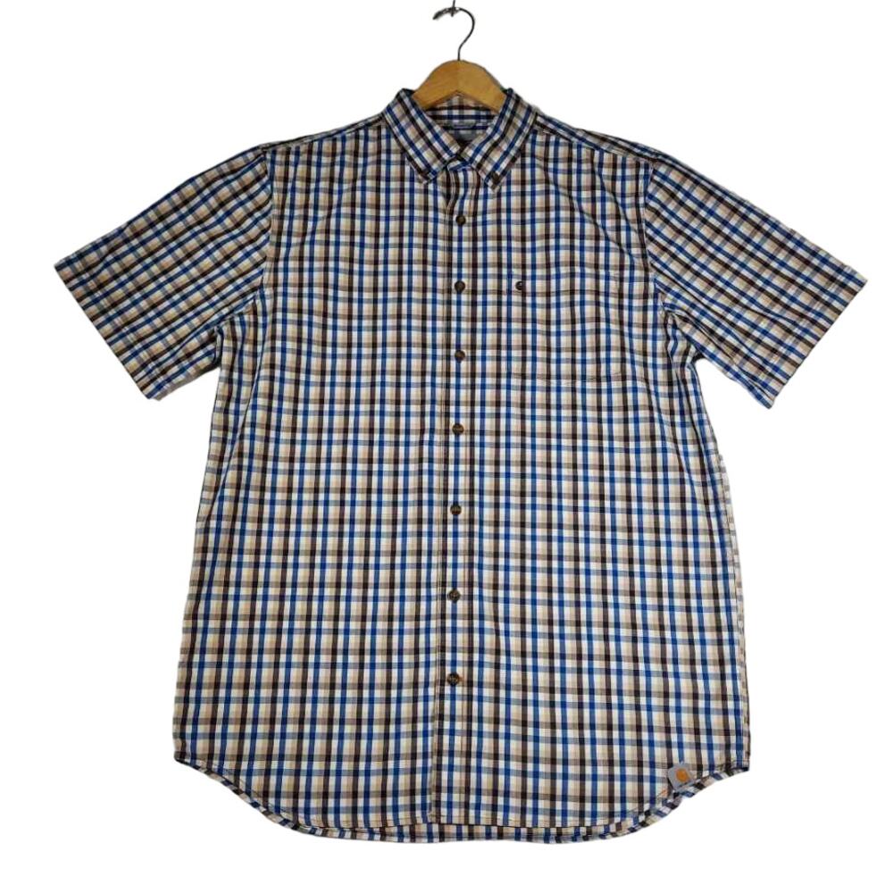 CARHARTT Shirt Short Sleeve Button Down Blue Plaid Mens Size L Tall Large